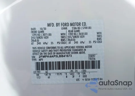 2020 Ford Edge St z USA, uszkodzony, nr VIN 2FMPK4AP5LBB41673